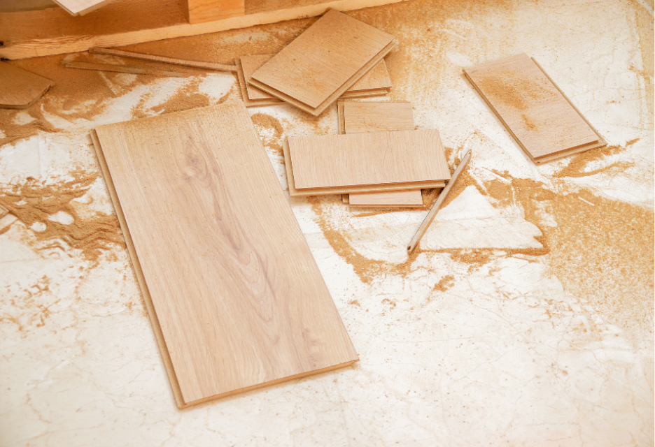 Wood flooring planks and cut pieces laid out on a dusty surface during a flooring installation project